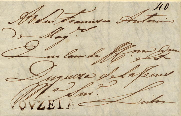 22Lis_0072.jpg -     Lote:    72            Portugal       Descrição:      Vouzela &mdash;   A sépia, GM VZL1, em carta datada de Vouzela (26.01.1812) para Lisboa, com o porte manuscrito a sépia de 40 reis. MB.        Carta       Valor Base:     &euro; 20,00     Valor Venda:     &euro; 40,00     
