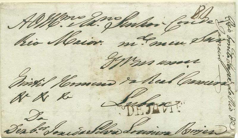 22Lis_0076.jpg -     Lote:    76            Brasil       Descrição:      R.º DE JANR.º &mdash;   A sépia em carta datada do Rio de Janeiro (26.08.1821) para Lisboa, com o porte manuscrito a sépia de 80 reis.        Carta       Valor Base:     &euro; 40,00     Valor Venda:     &euro; 140,00     