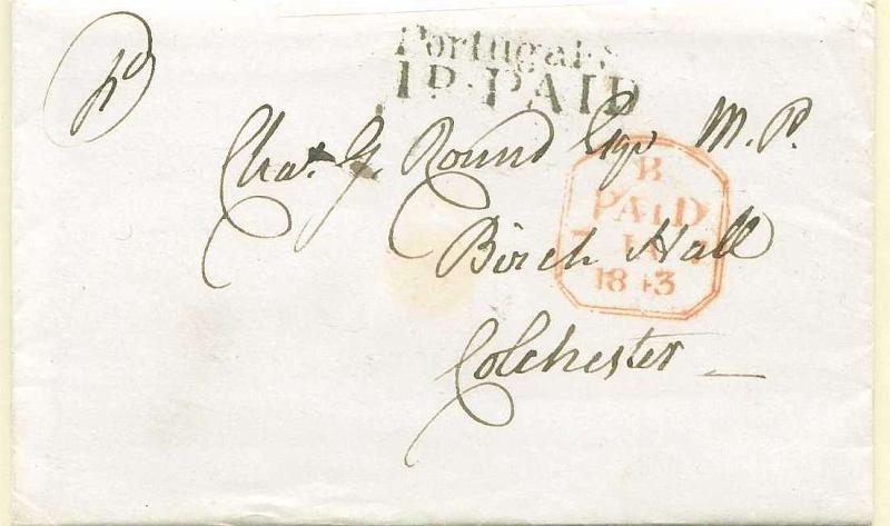 22Lis_0077.jpg -     Lote:    77            Cartas do Estrangeiro       Descrição:         Sobrescrito com carta no interior, circulada de Lincoln (07.01.1843) para Colchester. Carimbo a preto PORTUGAL / 1D PAID.        Carta       Valor Base:     &euro; 10,00     Valor Venda:     &euro; 22,00     