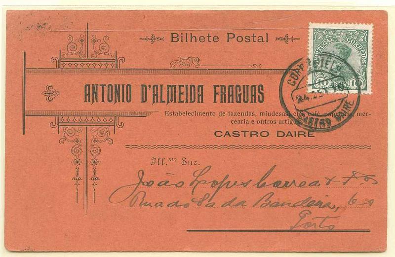 22Lis_0291.jpg -     Lote:    291            Cartas Publicitárias       Descrição:         Armazéns de fazendas. 1910 &mdash; D. Manuel II. Postal ilustrado circulado de Castro Daire (25.09.1910) para o Porto (26.09.1910) com selos de 10 reis verde CE158. MB        PI       Valor Base:     &euro; 5,00     Valor Venda:     &euro; 12,00     