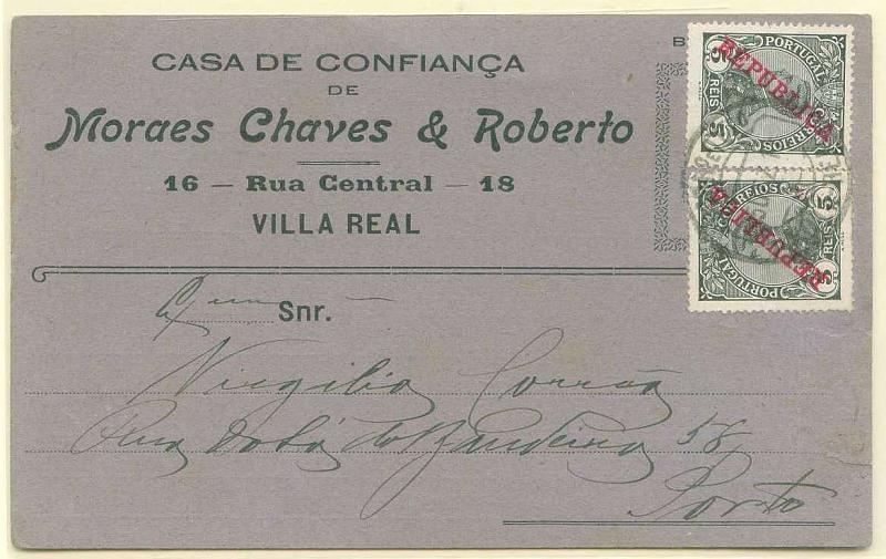 22Lis_0292.jpg -     Lote:    292            Cartas Publicitárias       Descrição:         1910 &mdash; D. Manuel II com sobrecarga República. Postal ilustrado publicitário, circulado de Vila Real (05.12.1911) para o Porto com dois selos de 5 reis preto, CE171. MB        PI       Valor Base:     &euro; 5,00     Valor Venda:     Retirado     