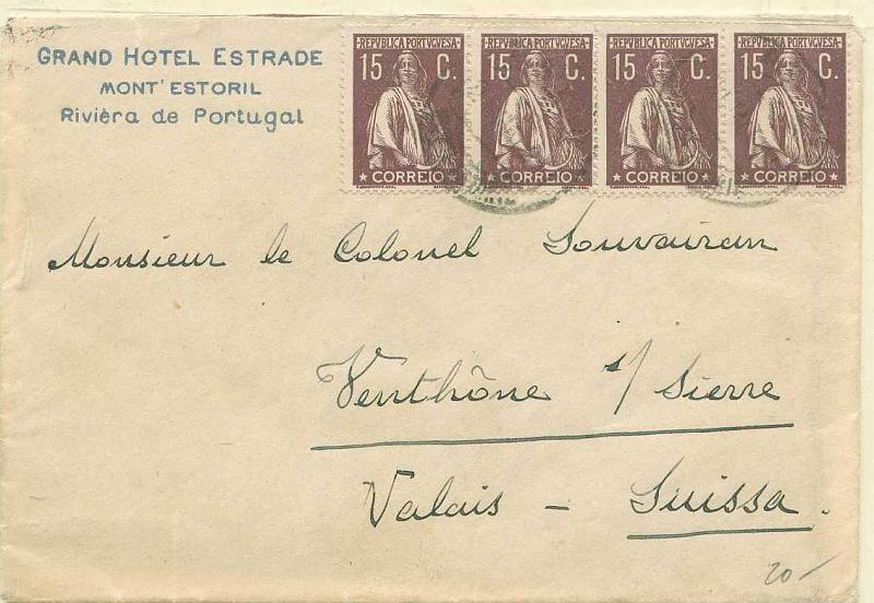 22Lis_0294.jpg -     Lote:    294            Cartas Publicitárias       Descrição:         Grand Hotel Estrade * Mont'Estoril. Sobrescrito circulado de Monte do Estoril para a Suiça (28.05.21) com 4 selos de 15c Ceres CE216.        Carta       Valor Base:     &euro; 10,00     Valor Venda:     &euro; 32,00     