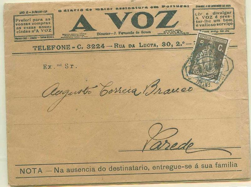 22Lis_0295.jpg -     Lote:    295            Cartas Publicitárias       Descrição:         Lote de duas cartas publicitárias sendo uma com selo de 5c Ceres com publicidade ao jornal "A VOZ", e outra circulada por avença com publicidade a Adubos Químicos e Insecticidas.        Lote       Valor Base:     &euro; 6,00     Valor Venda:     Retirado     