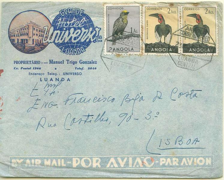 22Lis_0308.jpg -     Lote:    308            Cartas Publicitárias       Descrição:         Grande Hotel Universo / Luanda. Sobrescrito circulado de Luanda (23.12.51) para Lisboa com selos de 1Ag e 2 x 2Ags da emissão Aves de Angola CE331 e 333. MB.        Carta       Valor Base:     &euro; 6,00     Valor Venda:     &euro; 18,00     