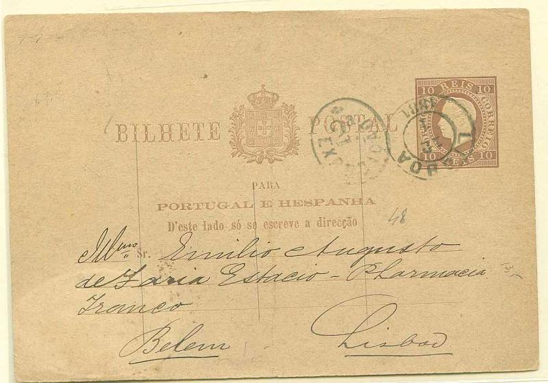 22Lis_0312.jpg -     Lote:    312            Portugal       Descrição:         1880/81 &mdash; D. Luís I. Fita direita. Impressão em relevo. Baixa de porte. OM7, 10 reis castanho-vermelho sobre cartolina camurça, circulado em Lisboa (12.01.1881). Carimbo da 2.ª Expedição batido a preto.        IC       Valor Base:     &euro; 15,00     Valor Venda:     Retirado     