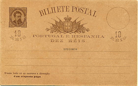 22Lis_0315.jpg -     Lote:    315            Portugal       Descrição:         1884/87 &mdash; D. Luís I de Frente. OM11, 10+10 reis castanho-escuro, tipo E, em estado de novo, com sobrecarga horizontal a preto "SPECIMEN".        IN       Valor Base:     &euro; 10,00     Valor Venda:     &euro; 10,00     
