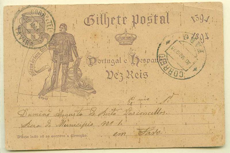 22Lis_0318.jpg -     Lote:    318            Portugal       Descrição:         1894 &mdash; V Centenário do Nascimento do Infante D. Henrique. OM20, 10 reis lilás-cinzento, circulado de Tavira (30.05.94) para Faro (30.05.94).        IC       Valor Base:     &euro; 5,00     Valor Venda:     &euro; 18,00     