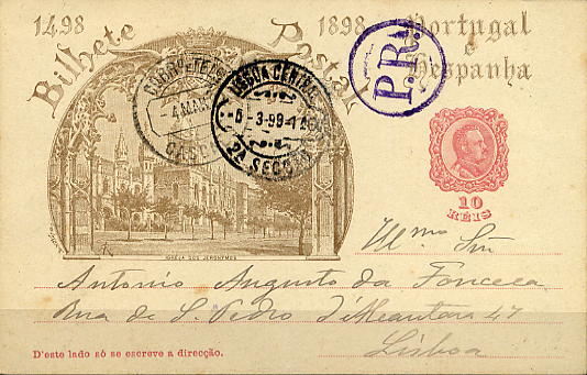 22Lis_0319.jpg -     Lote:    319            Portugal       Descrição:         1898 &mdash; 4.º Centenário de Descobrimento Marítimo para a Índia. OM29B, 10 reis rosa-carmim, circulado de Cascais (04.03.99) para Lisboa (05.03.99). Carimbo circular da POSTA RURAL "PR", batido a violeta. MB e R.        IC       Valor Base:     &euro; 75,00     Valor Venda:     &euro; 75,00     