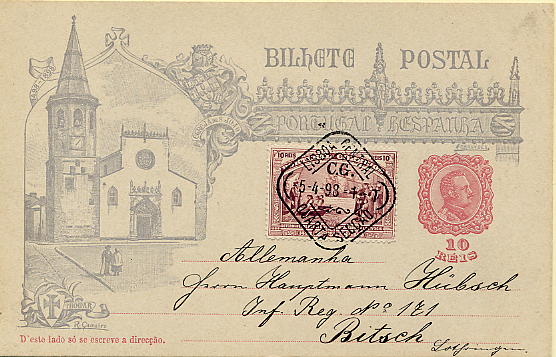 22Lis_0320.jpg -     Lote:    320            Portugal       Descrição:         1898 &mdash; 4.º Centenário de Descobrimento Marítimo para a Índia. OM29A, 10 reis rosa-carmim, circulado de Lisboa (05.04.98) para a Alemanha, com selo adicional de 10 reis do Centenário da Índia, CE150. MB        IC       Valor Base:     &euro; 6,00     Valor Venda:     &euro; 24,00     