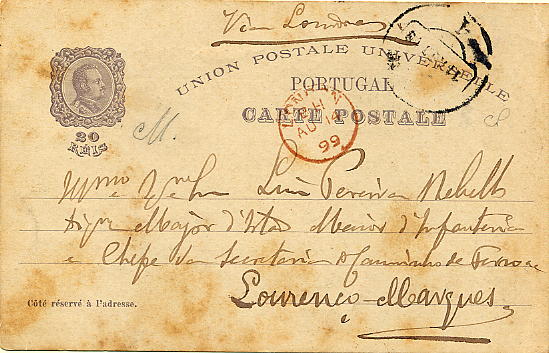 22Lis_0322.jpg -     Lote:    322            Portugal       Descrição:         1898 &mdash; 4.º Centenário de Descobrimento Marítimo para a Índia. OM30A, 20 reis violeta cinzento, circulado de Lisboa (11.08.99) para Lourenço Marques, via SUD-EXPRESS, para Paris e daqui para Londres (14.08.99) seguindo para Moçambique por via marítima. Muito rara circulação. A circulação por esta via de encaminhamento justifica a utilização do inteiro de 20 reis. MR.        IC       Valor Base:     &euro; 25,00     Valor Venda:     &euro; 46,00     