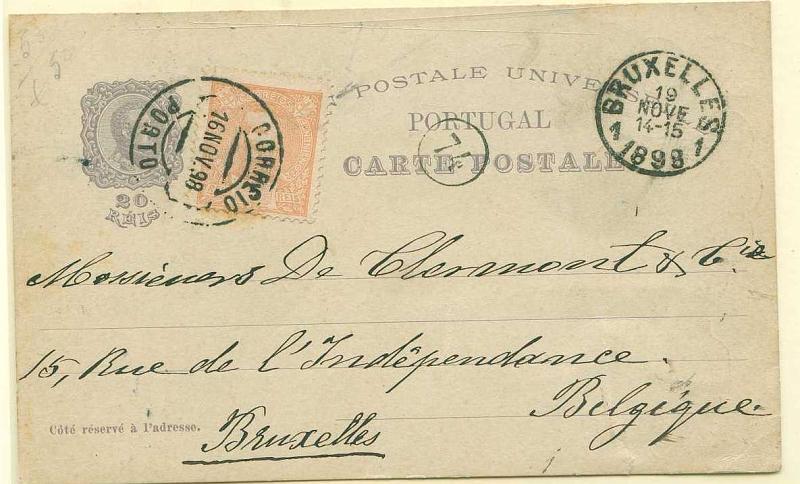 22Lis_0323.jpg -     Lote:    323            Portugal       Descrição:         1898 &mdash; 4.º Centenário do Descobrimento do Caminho Marítimo para a Índia. OM30A (Castelo da Pena), 20 reis violeta sobre cartolina cinzenta, circulado do Porto (16.11.98) para a Bélgica (19.11.1898) com selo adicional de 5 reis laranja emissão D. Carlos I Mouchon.        IC       Valor Base:     &euro; 10,00     Valor Venda:     Retirado     