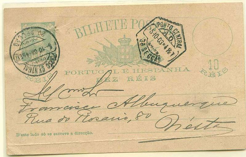 22Lis_0325.jpg -     Lote:    325            Portugal       Descrição:         1896 &mdash; D. Carlos I Mouchon. OM23, 10 reis verde sobre cartolina camurça, circulado no Porto (06.10.03), repicado por W. Stuve do Porto &mdash; LINHA DE VAPORES ENTRE ANTUERPIA E PORTO. Inteiro com furos de alfinete.         IC       Valor Base:     &euro; 15,00     Valor Venda:     &euro; 15,00     