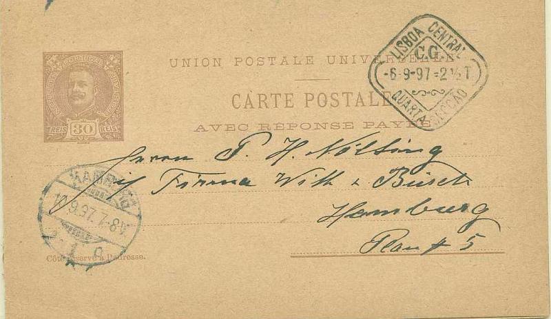 22Lis_0328.jpg -     Lote:    328            Portugal       Descrição:         1896 &mdash; D. Carlos I Mouchon. OM28, 30+30 reis. Inteiro postal de Resposta Paga, com as duas folhas, a primeira circulada de Lisboa (06.09.97) para a Alemanha (10.09.97).        IC       Valor Base:     &euro; 24,00     Valor Venda:     &euro; 24,00     