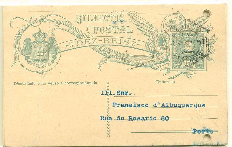 22Lis_0331.jpg -     Lote:    331            Portugal       Descrição:         1907/08 &mdash; D. Carlos I Mouchon. OM44, 10 reis verde. Lote de 5 inteiros em cartolina camurça (3) e cartolina creme (2), todos circulados de Lisboa para o Porto, perfurados com CFP &mdash; Credit Franco-Portugais. Todos com furos de arquivo.        Lote       Valor Base:     &euro; 20,00     Valor Venda:     &euro; 55,00     