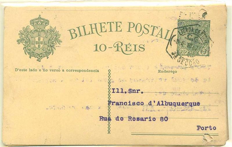 22Lis_0333.jpg -     Lote:    333            Portugal       Descrição:         1910 &mdash; D. Manuel II com sobrecarga República. OM52, 10 reis verde-escuro. Lote de 5 inteiros em cartolina camurça clara e cartolina creme, circulados de Lisboa para o Porto., todos perfurados com CFP &mdash; Credit Franco-Portugais, e furos de arquivo.        Lote       Valor Base:     &euro; 15,00     Valor Venda:     &euro; 34,00     