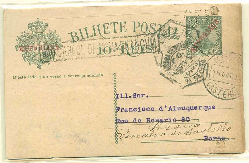 22Lis_0336.jpg -     Lote:    336            Portugal       Descrição:         1910 &mdash; D. Manuel II com sobrecarga República. OM52, 10 reis verde-escuro. Lote de 4 inteiros em cartolina camurça clara e cartolina creme, circulados de Lisboa para o Porto., todos perfurados com CFP &mdash; Credit Franco-Portugais. Todos com furos de arquivo.        Lote       Valor Base:     &euro; 12,00     Valor Venda:     &euro; 32,00     
