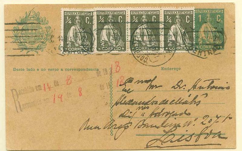 22Lis_0340.jpg -     Lote:    340            Portugal       Descrição:         1912 &mdash; Ceres. OM59, 1C, verde sobre cartolina camurça, circulado de Midões (12.08.1918) para Lisboa (14.08.1918) com 4 selos adicionais de &frac14; c tipo Ceres, denteado 15x14.        IC       Valor Base:     &euro; 25,00     Valor Venda:     Retirado     