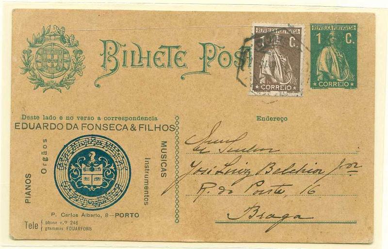 22Lis_0341.jpg -     Lote:    341            Portugal       Descrição:         1912 - Ceres. OM59, 1C verde-escuro sobre cartolina camurça, circulado do Porto (13.03.18) para Braga, com selo adicional de 1c Ceres castanho. Inteiro repicado na frente e verso por EDUARDO DA FONSECA & FILHOS (instrumentos musicais). MB e R.        IC       Valor Base:     &euro; 20,00     Valor Venda:     &euro; 44,00     