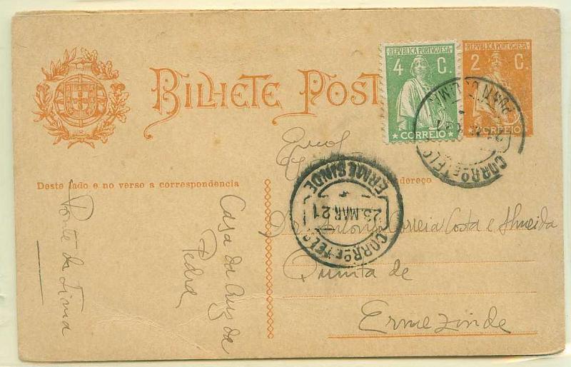 22Lis_0342.jpg -     Lote:    342            Portugal       Descrição:         1912/18 &mdash; Ceres. Lote de dois inteiros postais circulados: um de 1C verde sobre cartolina camurça, circulado de Cuba (18.03.18) para Silves (19.03.18) com trânsito por Vidigueira (19.03.18), com selo adicional de 1C castanho; outro de 2C ocre sobre cartolina camurça, circulado de Ponte de Lima (21.03.21) para Ermezinde (23.03.21) com selo adicional de 4C verde.        IC       Valor Base:     &euro; 12,00     Valor Venda:     Retirado     