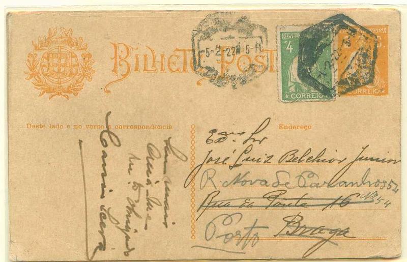 22Lis_0344.jpg -     Lote:    344            Portugal       Descrição:         1918/20 &mdash; Ceres. OM61, 2c laranja, cartolina camurça. Lote de dois inteiros circulados com selos adicionais: um com dois selos Ceres de 2c laranja e outro com selo Ceres de 4c. Lote a ver.        IC       Valor Base:     &euro; 10,00     Valor Venda:     Retirado     