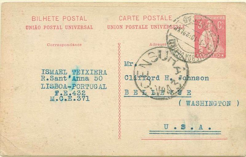 22Lis_0345.jpg -     Lote:    345            Portugal       Descrição:         1918/20 &mdash; Tipo Ceres. OM62, 3c carmim, sobre cartolina branca, circulado de Lisboa (21.01.19) para os EUA, censura em Portugal.        IC       Valor Base:     &euro; 10,00     Valor Venda:     Retirado     