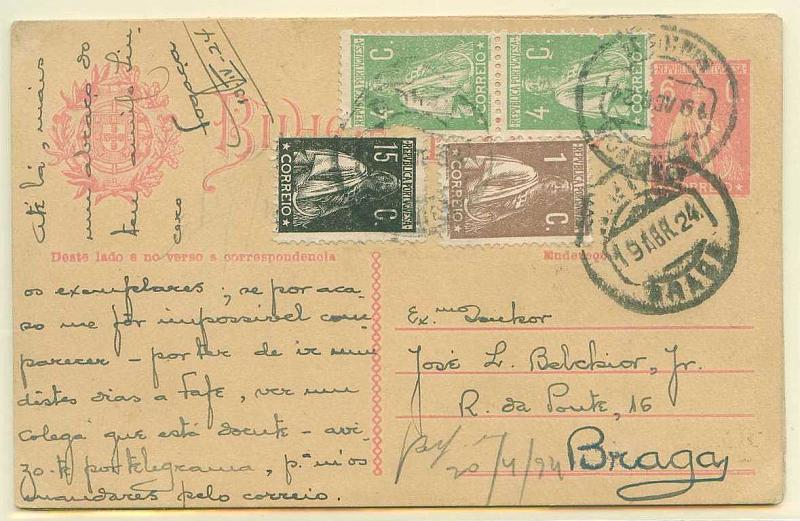 22Lis_0346.jpg -     Lote:    346            Portugal       Descrição:         1921/23 &mdash; Ceres. OM68 e 73 (2). Lote de três inteiros circulados com selos adicionais: um de 6c rosa escuro com selos Ceres 4c verde (2), 1c castanho e 15c preto; outros dois de 15c preto cada um com selo adicional Ceres de 10c tijolo.        IC       Valor Base:     &euro; 10,00     Valor Venda:     Retirado     