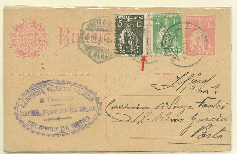 22Lis_0347.jpg -     Lote:    347            Portugal       Descrição:         1921/22 &mdash; Ceres. OM68, 6c rosa escuro, cartolina creme. Lote de dois inteiros circulados com selos adicionais: um com selos Ceres de 5c verde e 5 c sépia e outro com selos de &frac12; c preto, 6c rosa e 2c amarelo. Lote a ver.        IC       Valor Base:     &euro; 15,00     Valor Venda:     &euro; 15,00     