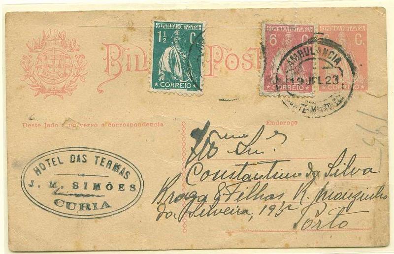22Lis_0348.jpg -     Lote:    348            Portugal       Descrição:         1921/22 &mdash; Ceres. OM68, 6C rosa claro, sobre cartolina creme, circulado pela Ambulância Norte-Mixto II (19.07.23) para o Porto, com selos adicionais Ceres de 6C rosa escuro CE236 e 1 &frac12; c verde CE222. Raro porte.        IC       Valor Base:     &euro; 6,00     Valor Venda:     Retirado     