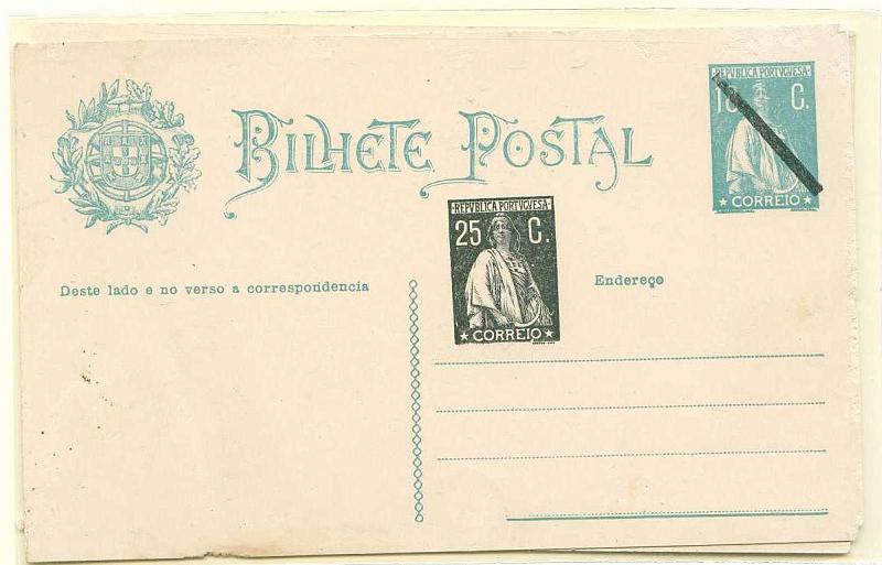 22Lis_0351.jpg -     Lote:    351            Portugal       Descrição:         1924 &mdash; Ceres de 1921/22 com novos selos aplicados como sobretaxa e sobrecarga. OM76, 25c s/ 19c, azul-verde. Lote de dois inteiros em cartolina branca, um com selo ao lado do primitivo e outro com o selo por abaixo de "POSTAL".        IN       Valor Base:     &euro; 15,00     Valor Venda:     &euro; 15,00     
