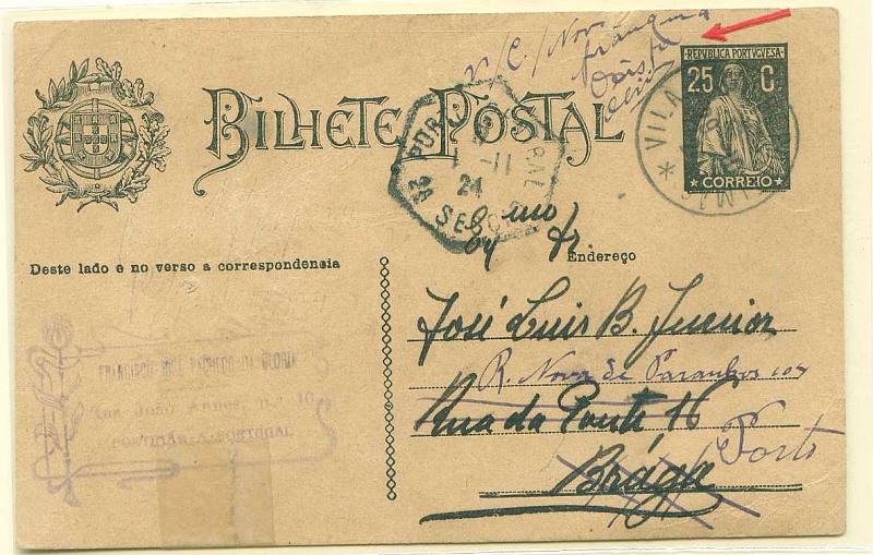 22Lis_0352.jpg -     Lote:    352            Portugal       Descrição:         1924/26 &mdash; Ceres. OM74b, 25c preto, circulado de Portimão (29.10.24) para Braga e reendereçado para o Porto (01.11.24). inscrição manuscrita "N / C / Nova franquia" a violeta. Carimbo do tipo francês de VILA NOVA DE PORTIMÃO".        IC       Valor Base:     &euro; 10,00     Valor Venda:     Retirado     