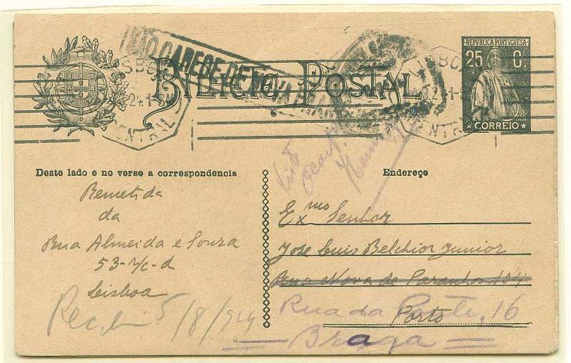 22Lis_0353.jpg -     Lote:    353            Portugal       Descrição:         1924/26 &mdash; Ceres + Ceres tipo Júlio Alves. OM74 e 78, 25c preto. Lote de dois inteiros postais circulados.        IC       Valor Base:     &euro; 5,00     Valor Venda:     Retirado     