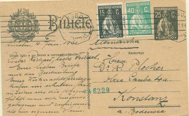 22Lis_0354.jpg -     Lote:    354            Portugal       Descrição:         1924/26 &mdash; Ceres. OM74, 25C preto (cartolina camurça e "enderêço") circulado de Lisboa (04.01.31) para a Alemanha com selos adicionais Ceres, VC253 (15C) e CE406 (40C). Excesso de 5C no porte.         IC       Valor Base:     &euro; 15,00     Valor Venda:     Retirado     
