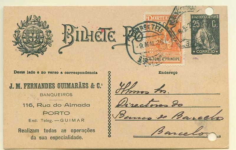 22Lis_0355.jpg -     Lote:    355            Portugal       Descrição:         1924/26 &mdash; Ceres. Aumento de porte. OM74, 25c preto sobre cartolina camurça, circulado do Porto (08.05.26) para Barcelos (09.05.36) com selo do Imposto postal &mdash; Monumento ao Marquês de Pombal de 15c (Plano) de S. Tomé e Príncipe, usado como selo de recurso do Imposto Postal no Continente. Repicado por J. M. Fernandes Guimarães & C.ª. Furos de arquivo.        IC       Valor Base:     &euro; 12,00     Valor Venda:     &euro; 12,00     