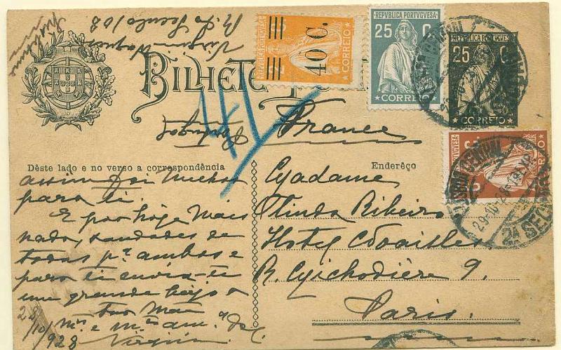 22Lis_0356.jpg -     Lote:    356            Portugal       Descrição:         1924/26 &mdash; Ceres. OM74, 25C preto sobre cartolina camurça (Enderêço), circulado de Lisboa (29.10.28) para Paris, com selos adicionais tipo Ceres de 6 e 25C CE400 e 404 e 40c s/ 2c CE466.        IC       Valor Base:     &euro; 25,00     Valor Venda:     &euro; 25,00     