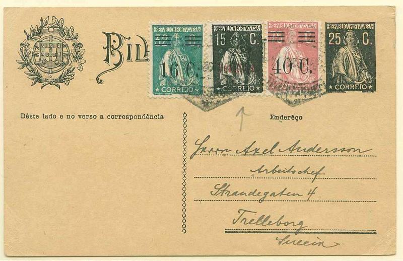 22Lis_0357.jpg -     Lote:    357            Portugal       Descrição:         1924/26 &mdash; Ceres. OM74, 25C preto sobre cartolina camurça (Enderêço), circulado do Porto.(29.04.29) para a Suécia, com selos adicionais tipo Ceres de 16c s/ 32c, 40c s/ 75 c CE465, 473 e 15c com sobrecarga Revalidado CE489. MB        IC       Valor Base:     &euro; 50,00     Valor Venda:     &euro; 60,00     