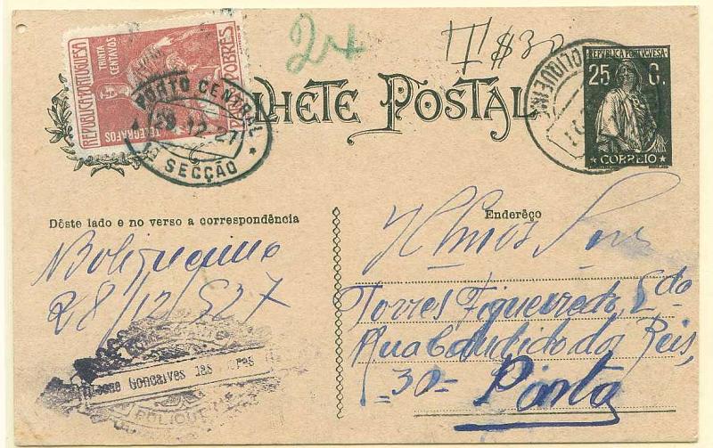 22Lis_0359.jpg -     Lote:    359            Portugal       Descrição:         1924/26 &mdash; Ceres. OM74, 25C preto sobre cartolina creme (Enderêço), circulado de Boliqueime (28.12.1927) para o Porto (29.12.1927), sem o selo de imposto postal devido "PARA OS POBRES". Porteado pelo dobro do porte em falta com selo de 30 ctvs CE IP12. MB e MR.        IC       Valor Base:     &euro; 150,00     Valor Venda:     Retirado     
