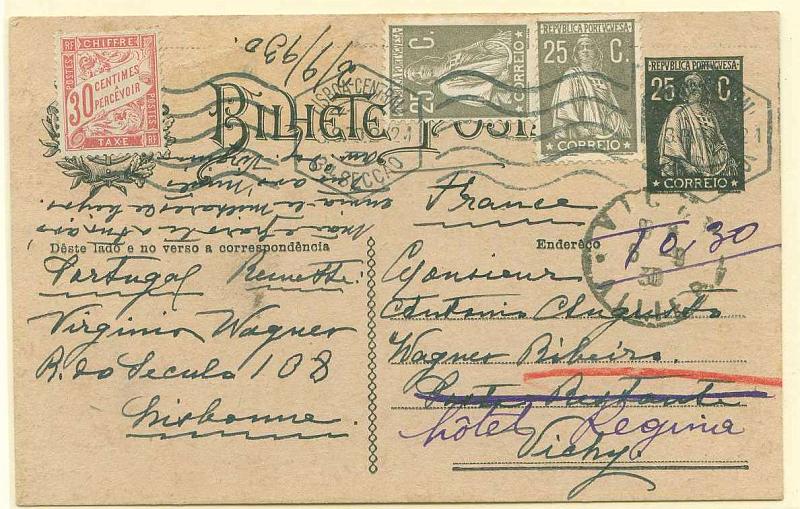 22Lis_0360.jpg -     Lote:    360            Portugal       Descrição:         1924/26 &mdash; Ceres. OM74, 25C preto sobre cartolina camurça (Enderêço) circulado com 2 selos adicionais de 25c cinzento tipo Ceres CE500 de Lisboa (03.09.1930) para a Posta Restante de Paris (06.09.1930). Pagou à chegada, pelo serviço da Posta Restante 30c.        IC       Valor Base:     &euro; 25,00     Valor Venda:     Retirado     
