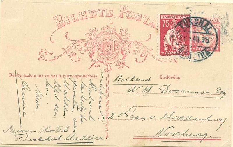 22Lis_0361.jpg -     Lote:    361            Portugal       Descrição:         1931 &mdash; Tipo Lusíadas. OM80, 25 reis carmim rosa sobre cartolina branca, circulado com selo adicional de 75c Ceres CE506 do Funchal (20.03.35) para a Alemanha.        IC       Valor Base:     &euro; 10,00     Valor Venda:     &euro; 26,00     