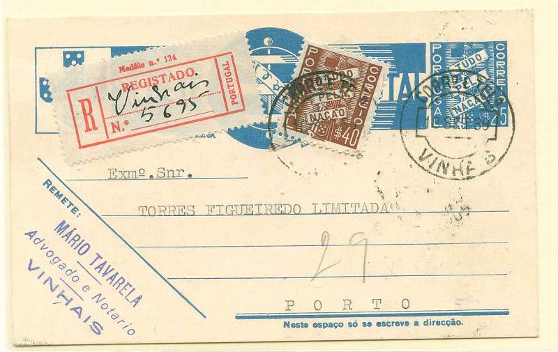22Lis_0364.jpg -     Lote:    364            Portugal       Descrição:         1936/39 &mdash; Tudo pela Nação. OM83, 25 ctvs azul claro sobre cartolina branca, circulado registado de Vinhais (18.09.39) para o Porto (20.09.39) com selo adicional de $40 Tudo pela Nação. MB e R.        IC       Valor Base:     &euro; 25,00     Valor Venda:     &euro; 46,00     