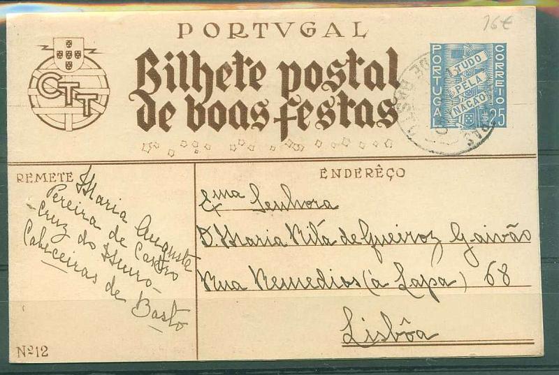 22Lis_0365.jpg -     Lote:    365            Portugal       Descrição:         1940 &mdash; Boas Festas. Custo incluindo a franquia, $75. OM90 (27 &mdash; O Milagre de Ourique, segundo a tradição), $25 azul claro, circulado em Lisboa.        IC       Valor Base:     &euro; 15,00     Valor Venda:     &euro; 16,00     