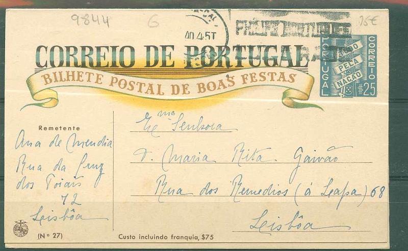 22Lis_0366.jpg -     Lote:    366            Portugal       Descrição:         1940 &mdash; Boas Festas. Custo incluindo a franquia $50. OM88 (12 &mdash; Mestre do Retábulo da Capela-Mor da Sé de Vizeu), $25 azul claro, circulado de Cabeceiras de Basto (23.12.40) para Lisboa.        IC       Valor Base:     &euro; 15,00     Valor Venda:     &euro; 16,00     