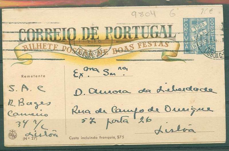 22Lis_0367.jpg -     Lote:    367            Portugal       Descrição:         1940 &mdash; Boas Festas. Custo incluindo a franquia, $75. OM90 (27 &mdash; O Milagre de Ourique, segundo a tradição), $25 azul claro, circulado em Lisboa (01.01.41).        IC       Valor Base:     &euro; 15,00     Valor Venda:     &euro; 16,00     