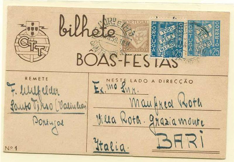 22Lis_0368.jpg -     Lote:    368            Portugal       Descrição:         1937 &mdash; Boas-Festas. Selo Tudo pela Nação. OM87 (n.º1 &mdash; castanho amarelo), $25, azul claro, circulado de Santo Tirso (02.01.39) para Itália com selos adicionais de $25 Tudo pela Nação e $50 tipo Lusíadas. Muito rara circulação para o estrangeiro.         IC       Valor Base:     &euro; 30,00     Valor Venda:     &euro; 40,00     