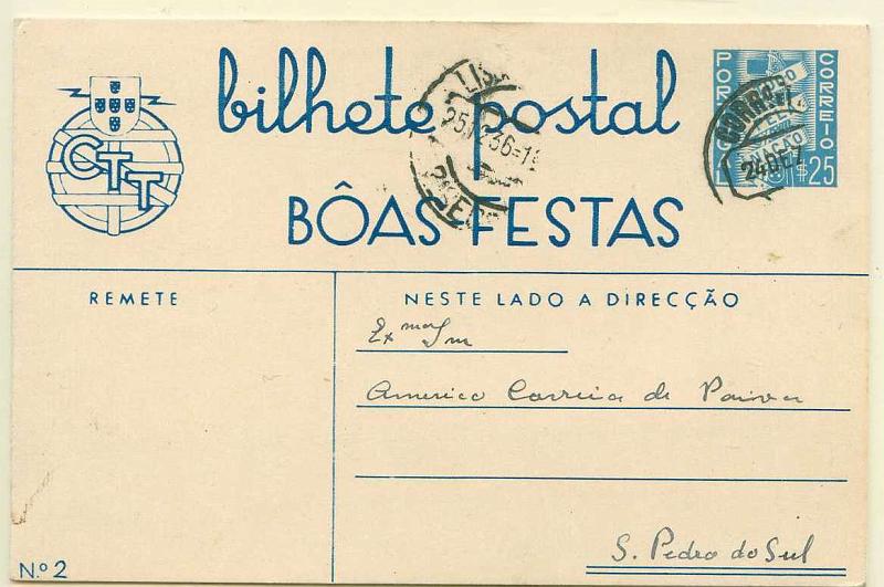 22Lis_0369.jpg -     Lote:    369            Portugal       Descrição:         1936 &mdash; Boas Festas. Tudo pela Nação. OM I &mdash; (Custo incluindo a franquia $50), n.º 2 &mdash; "PRESÉPIO / PORTUGUÊS / DO SÉCULO XVIII". Gravura a azul. Inteiro circulado de Lisboa (24.12.36) para S. Pedro do Sul (25.12.36).        IC       Valor Base:     &euro; 10,00     Valor Venda:     &euro; 32,00     