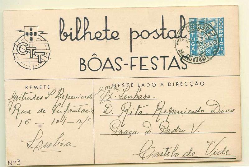 22Lis_0370.jpg -     Lote:    370            Portugal       Descrição:         1936 &mdash; Boas Festas. Tudo pela Nação. OM I &mdash; (Custo incluindo a franquia $50), n.º 3 &mdash; "MACHADO DE CASTRO / PRESÉPIO / PORMENOR". Gravura a violeta. Inteiro circulado de Lisboa (28.12.36) para Castelo de Vide.        IC       Valor Base:     &euro; 10,00     Valor Venda:     Retirado     