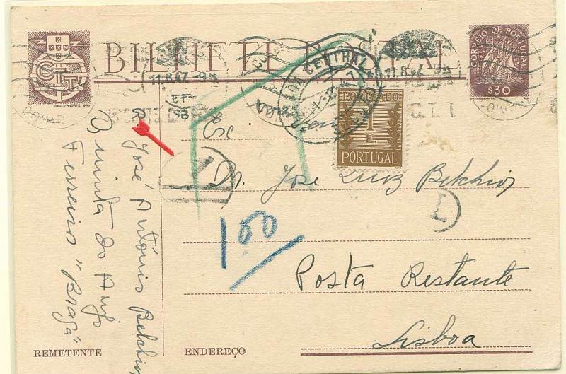 22Lis_0371.jpg -     Lote:    371            Portugal       Descrição:         1943 &mdash; Caravela. OM98, $30 castanho-escuro, circulado de Coimbra (10.08.47) para a Posta Restante em Lisboa (11.08.47). Pagou o serviço da posta-restante com selo de porteado CE POR62. MB e R.        IC       Valor Base:     &euro; 10,00     Valor Venda:     &euro; 10,00     