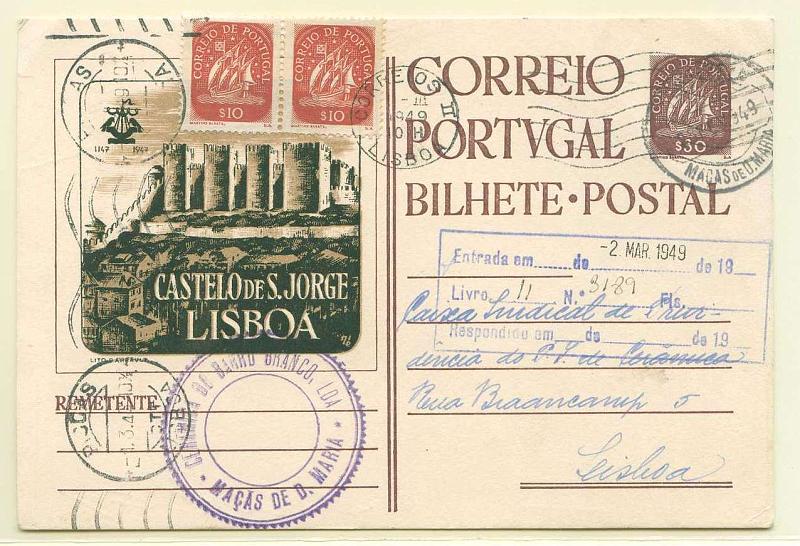 22Lis_0372.jpg -     Lote:    372            Portugal       Descrição:         1948 - 5.ª Série SPP. Propaganda da Câmara Municipal de Lisboa. OM112A (Castelo de S. Jorge), $30 castanho, circulado de Macas de D. Maria (28.02.1949) para Lisboa (01.03.49) com dois selos adicionais de $10 tipo Caravela. Carimbo circular datado de "MAÇÃS de D. MARIA".        IC       Valor Base:     &euro; 10,00     Valor Venda:     &euro; 18,00     