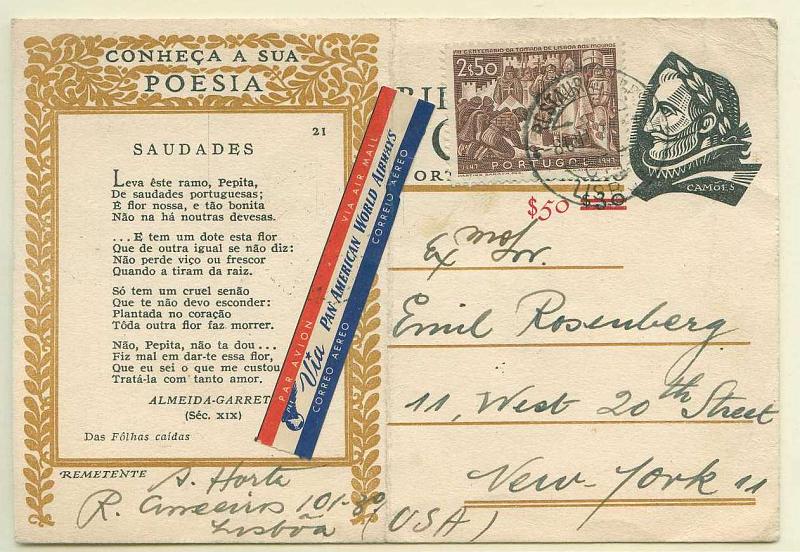 22Lis_0373.jpg -     Lote:    373            Portugal       Descrição:         1948 &mdash; Conheça a sua Poesia. Selo Camões. OM114 (21), $50 s/ $30, preto com sobretaxa carmim, circulado por via aérea de Lisboa (08.12.49) para os EUA com selo adicional de 2$50 do Centenário da Tomada de Lisboa aos Mouros CE689. Etiqueta de correio aéreo da PAWA. Inteiro com dobra vertical ao centro.        IC       Valor Base:     &euro; 5,00     Valor Venda:     Retirado     