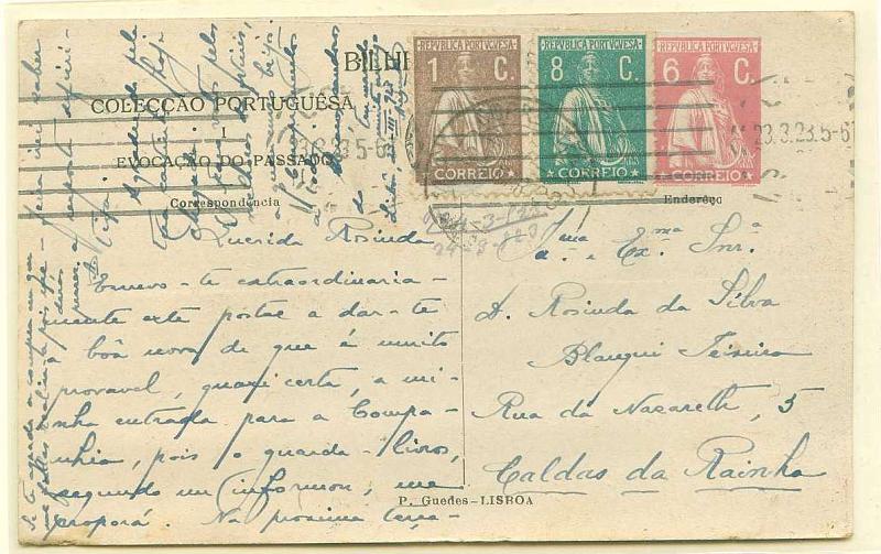 22Lis_0383.jpg -     Lote:    383            Portugal       Descrição:         1921 &mdash; Ceres. Colecção Portuguesa, ilustrada no verso com aguarelas de Alfredo Roque Gameiro. Bilhetes-postais Particulares. OM5 (n.º 1 &mdash; EVOCAÇÃO DO PASSADO", 6C. Rosa escuro, circulado Lisboa (23.03.23) para Caldas da Rainha (24.03.23), com selos adicionais Ceres de 1c castanho e 8 c verde CE221 e 237. MB e MR.        IC       Valor Base:     &euro; 30,00     Valor Venda:     &euro; 65,00     