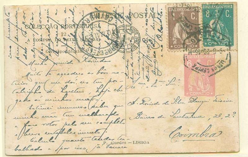 22Lis_0384.jpg -     Lote:    384            Portugal       Descrição:         1921 &mdash; Ceres. Colecção Portuguesa, ilustrada no verso com aguarelas de Alfredo Roque Gameiro. Bilhetes-postais Particulares. OM5 (n.º 12 &mdash; A COMPRA DO PEIXE", 6C. Rosa escuro, circulado Lisboa (09.05.23) para Coimbra 10.05.23), com selos adicionais Ceres de 1c castanho e 8 c verde CE221 e 237. MB e MR.        IC       Valor Base:     &euro; 30,00     Valor Venda:     &euro; 65,00     